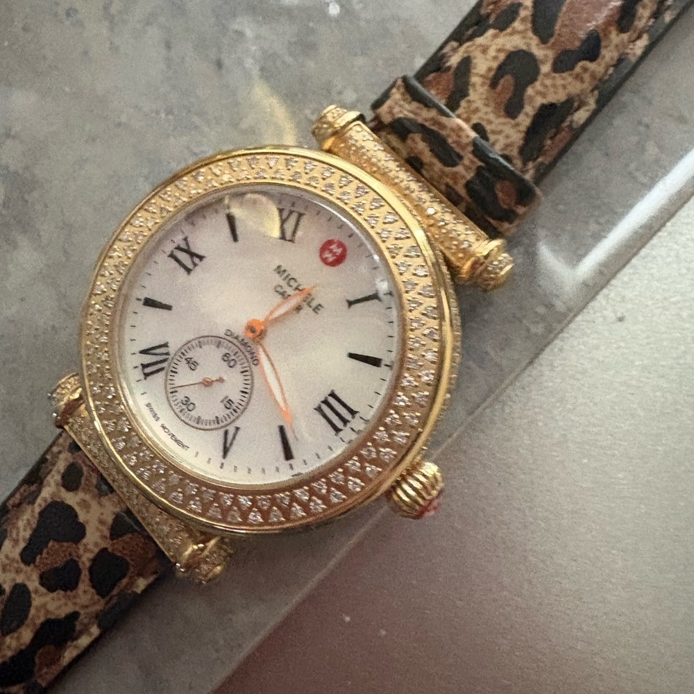 Michele Gold Plate with 1.6 C diamonds and Leopard Women's leathers band Watch - Picture 4 of 12